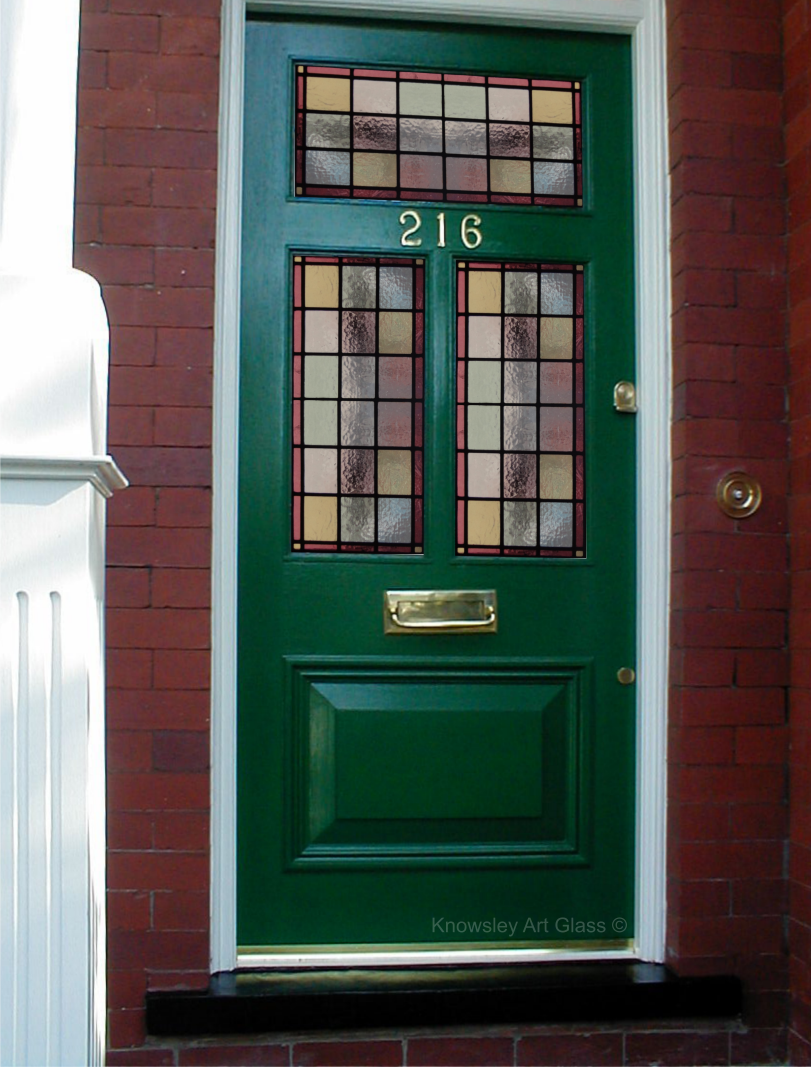 wooden door with stained glass panels