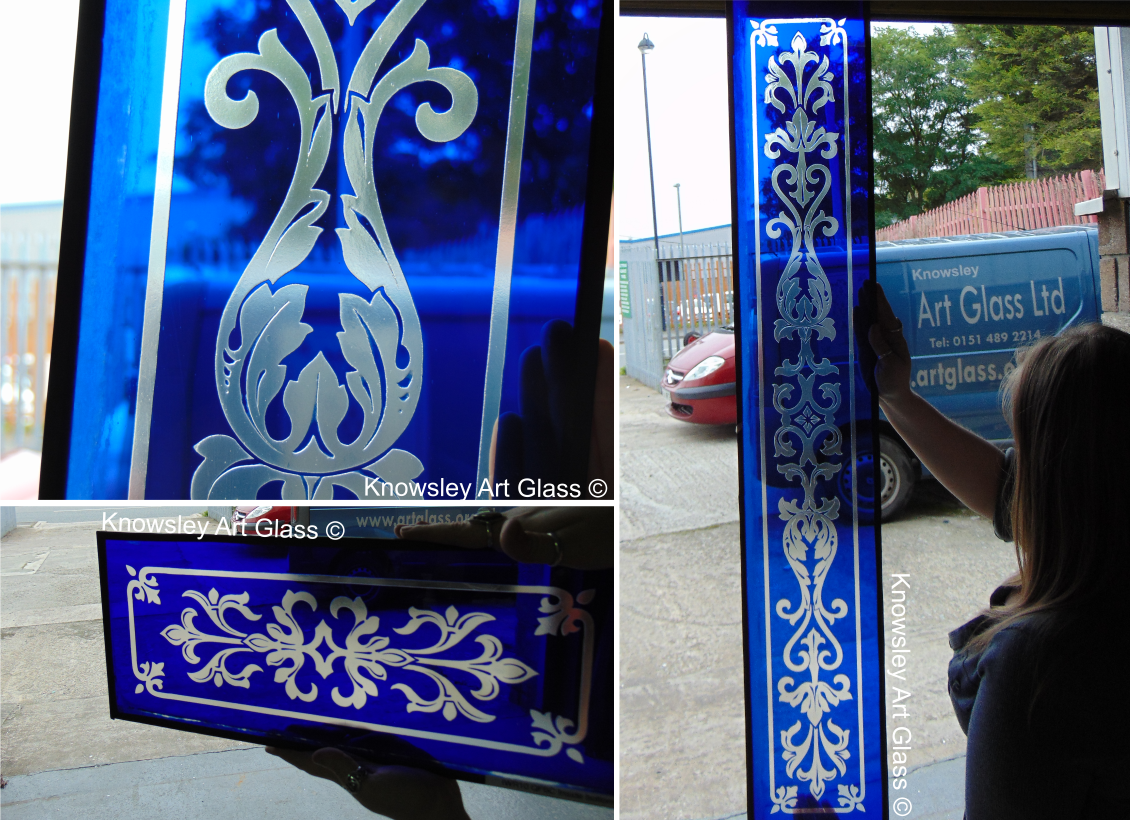 Royal Blue Victorian etched glass panels